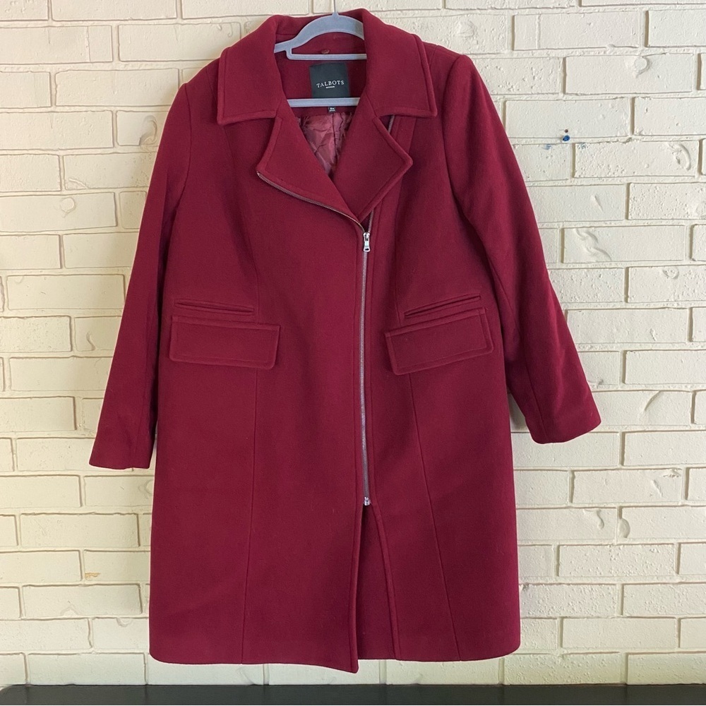 Talbots Womens Long Wool Over Coat Maroon Zip Front Size 16 Full Length Warm
